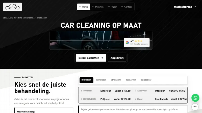 De Car Cleaning op Maat website op verschillende schermen, met een donker ontwerp en pakkettenoverzicht